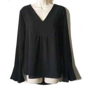 Calvin Klein Trumpet Sleeve V-Neck Blouse L Bell Black Lined